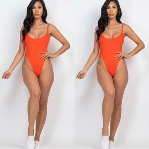 ORANGE RED SKINNY SPAGHETTI STRAP TWO BUTTON CLOSURE SNAP BODYSUIT